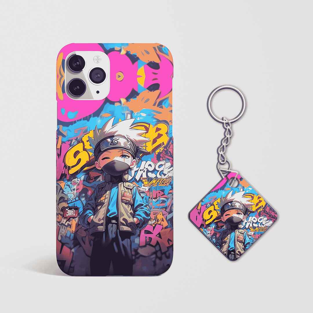 Back view of Kakashi Graffiti Phone Cover featuring bold Kakashi artwork with Keychain.