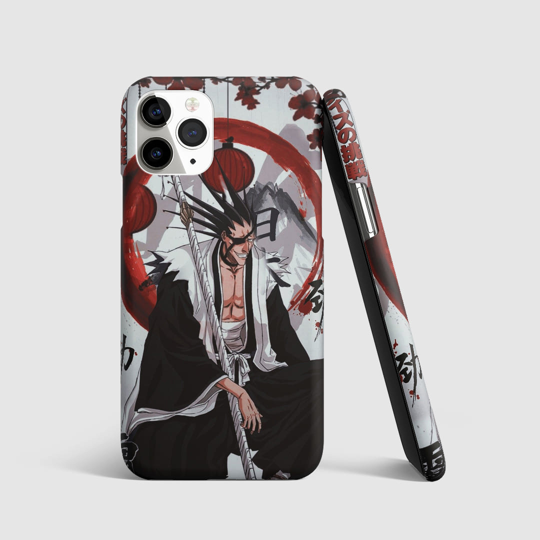 Striking artwork of Kenpachi Zaraki from "Bleach" on phone cover.