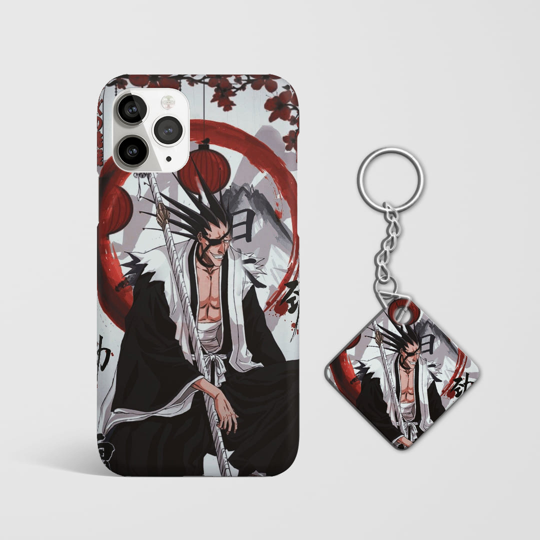 Close-up of Kenpachi Zaraki’s intense expression on phone case with Keychain.