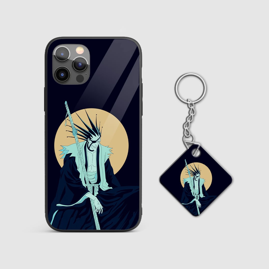 Minimalist design of Kenpachi Zaraki from Bleach on a durable silicone phone case with Keychain.