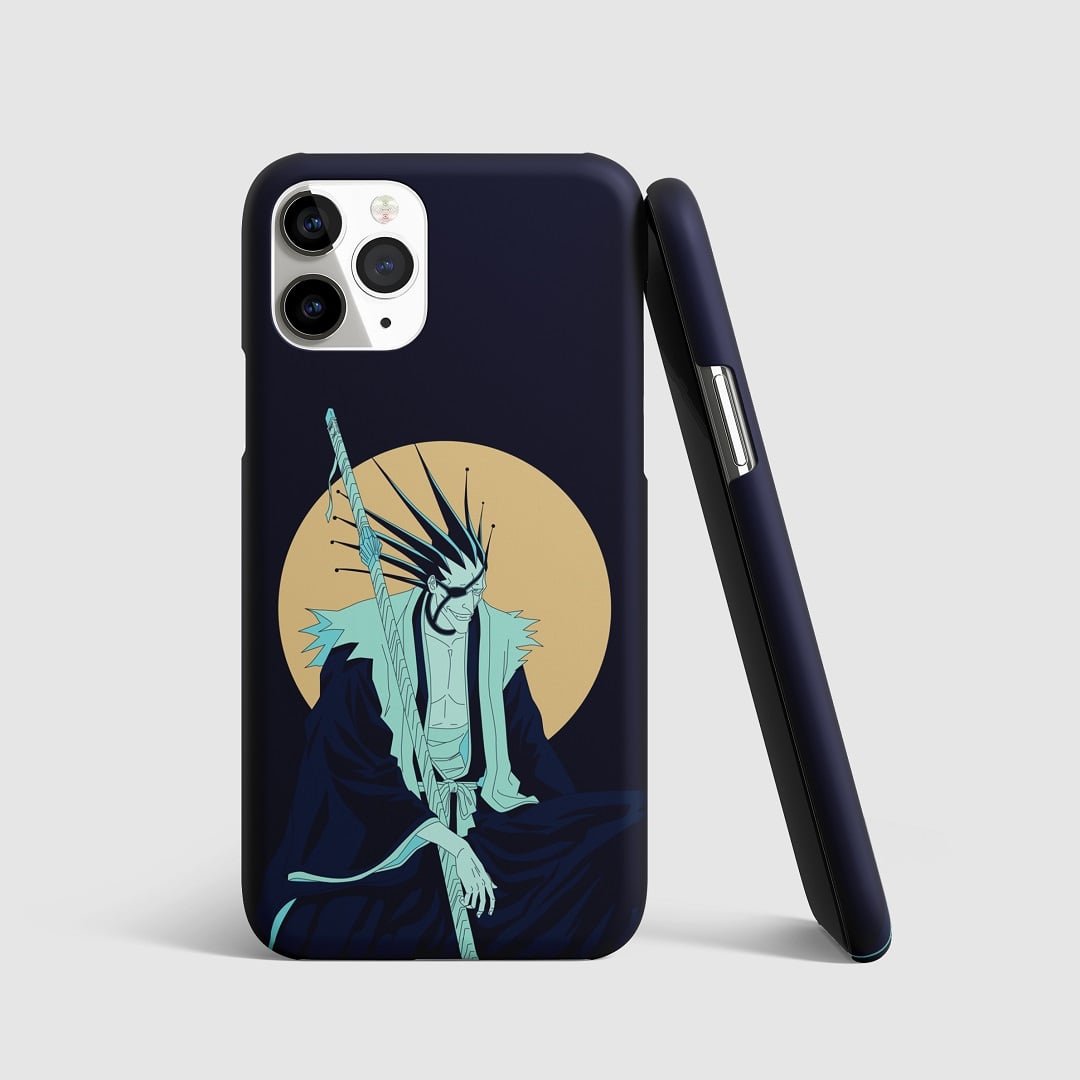 Minimalist artwork of Kenpachi Zaraki from "Bleach" on phone cover.