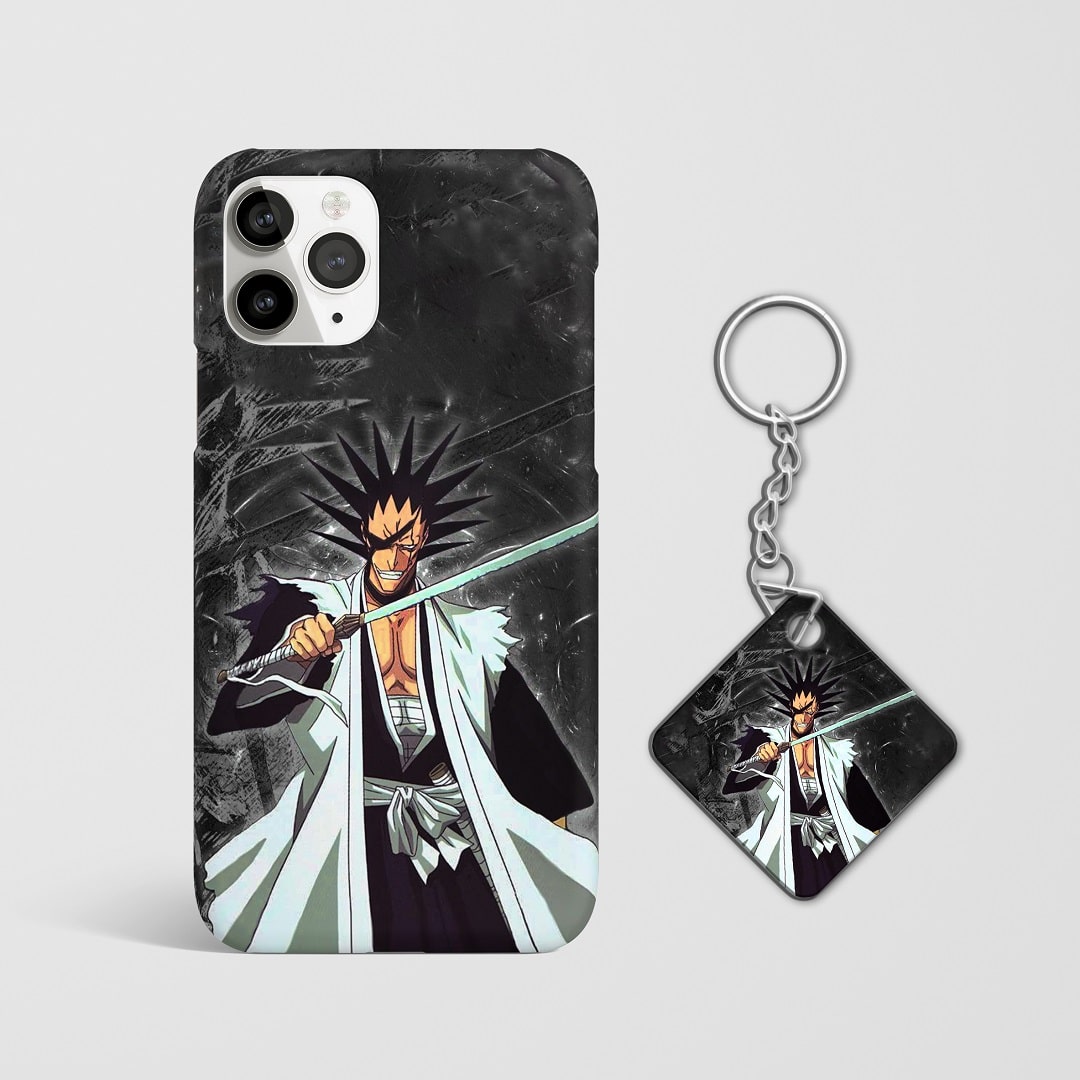 Close-up of Kenpachi Zaraki’s intense expression on phone case with Keychain.