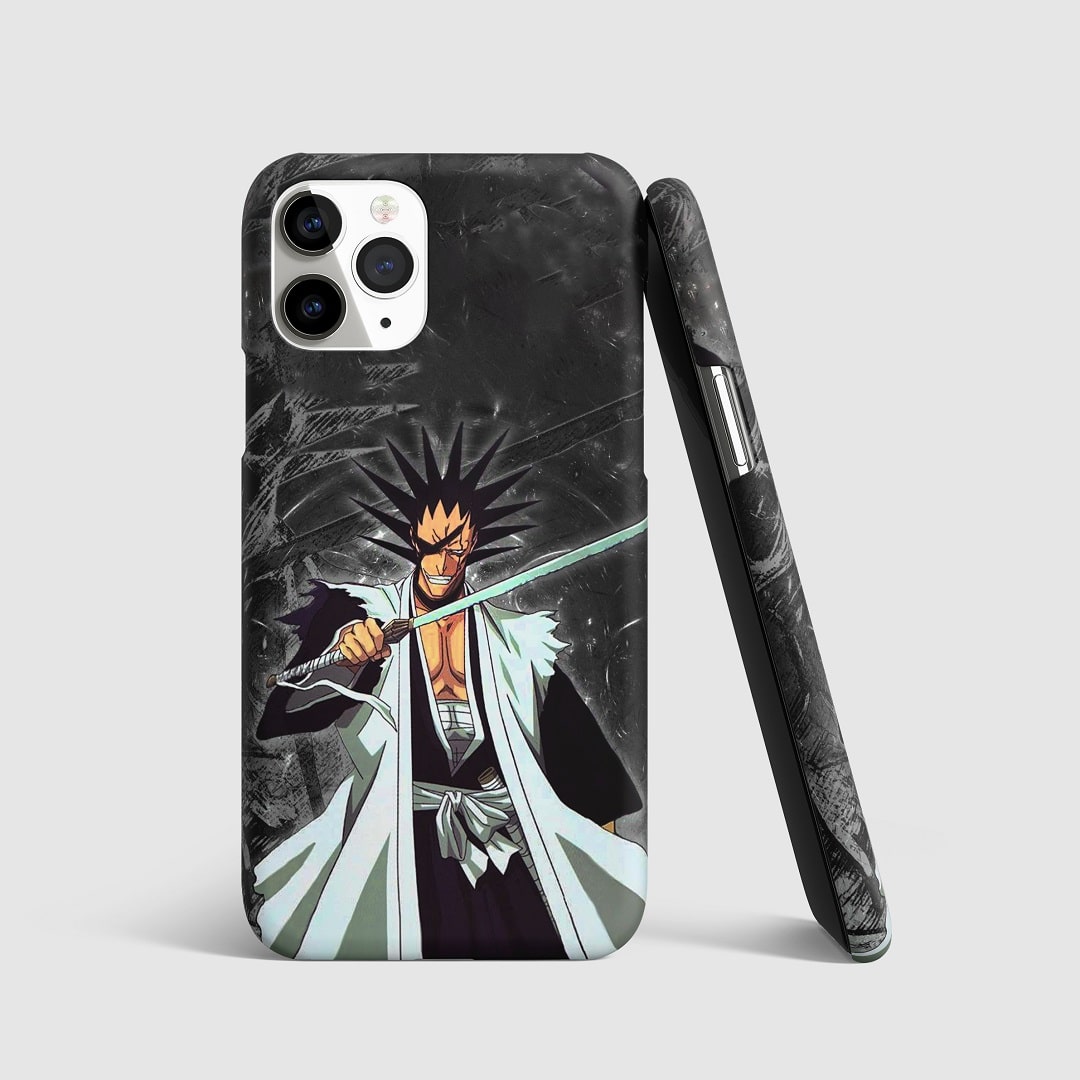 Striking artwork of Kenpachi Zaraki from "Bleach" on phone cover.