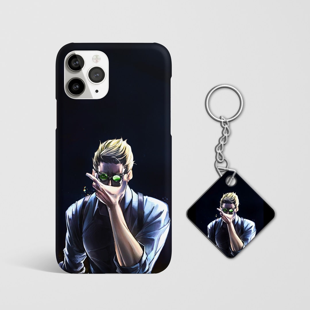 Close-up of Kento Nanami's sleek minimalist artwork on phone case with Keychain.