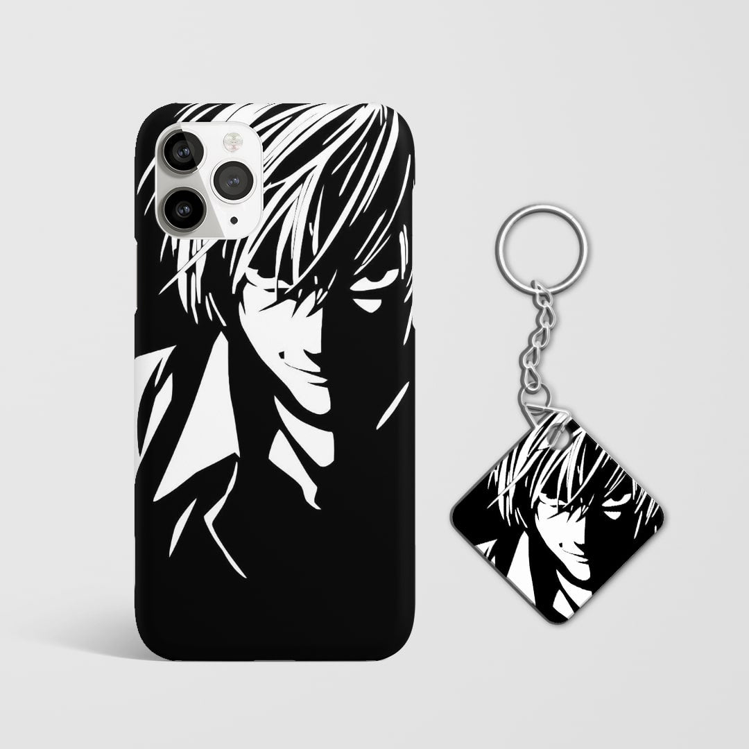 Close-up of Kira’s intense expression in minimalist style on phone case with Keychain.