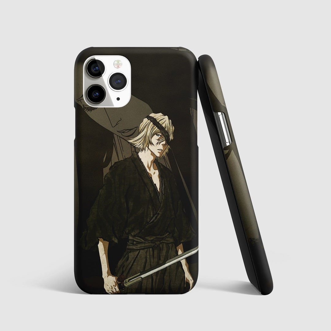 Striking artwork of Kisuke Urahara from "Bleach" on phone cover.