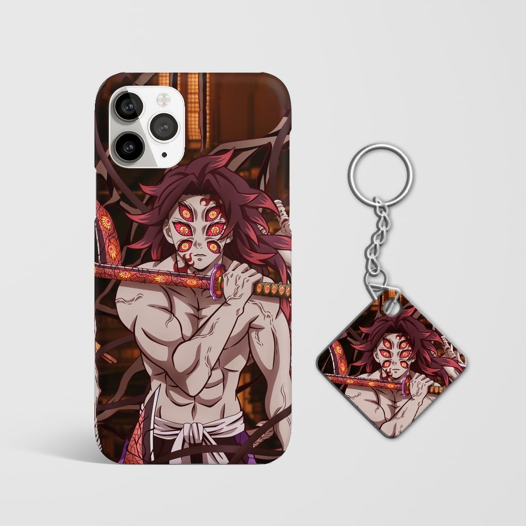 Close-up of Kokushibo’s intense expression on phone case with Keychain.