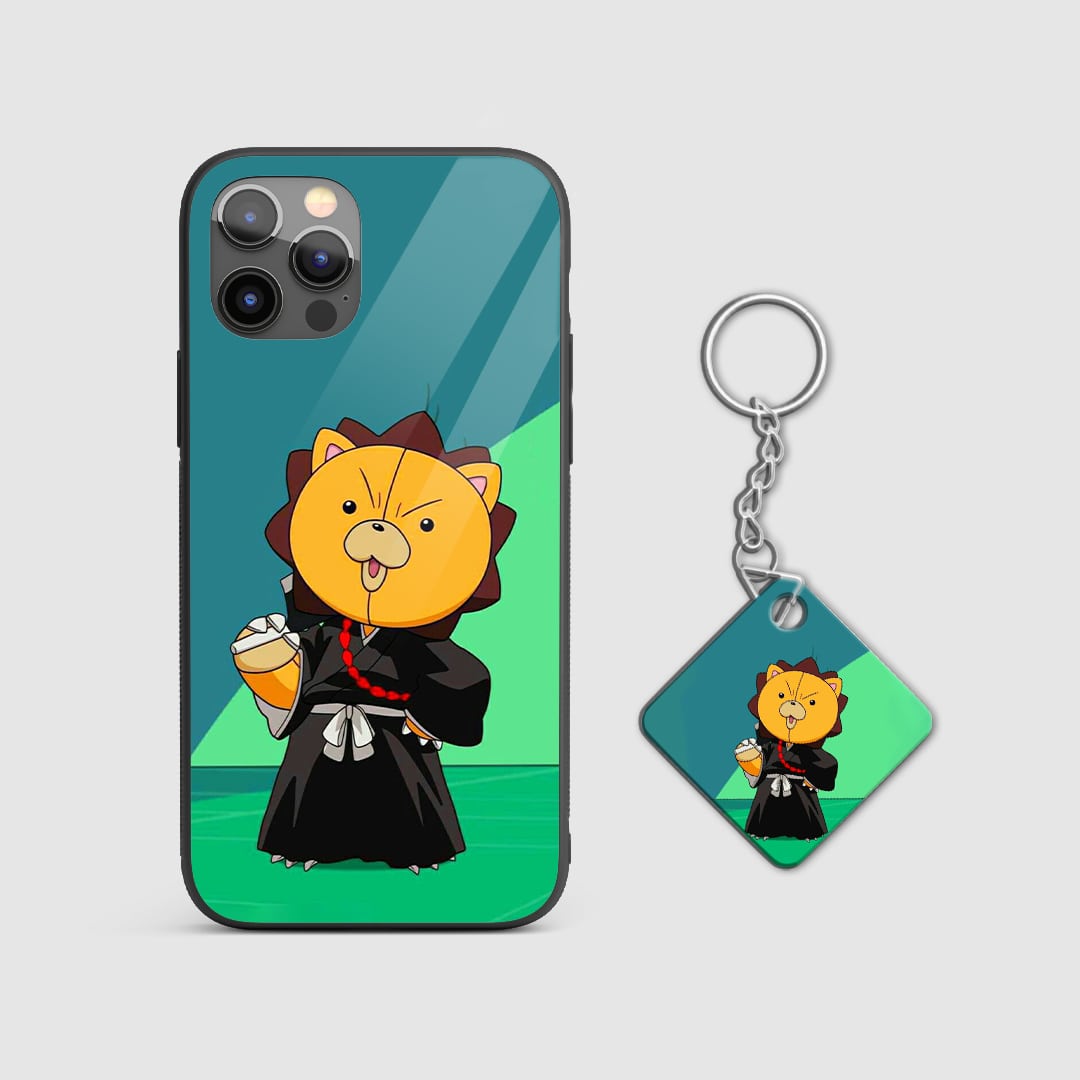 Fun and playful design of Kon from Bleach on a durable silicone phone case with Keychain.