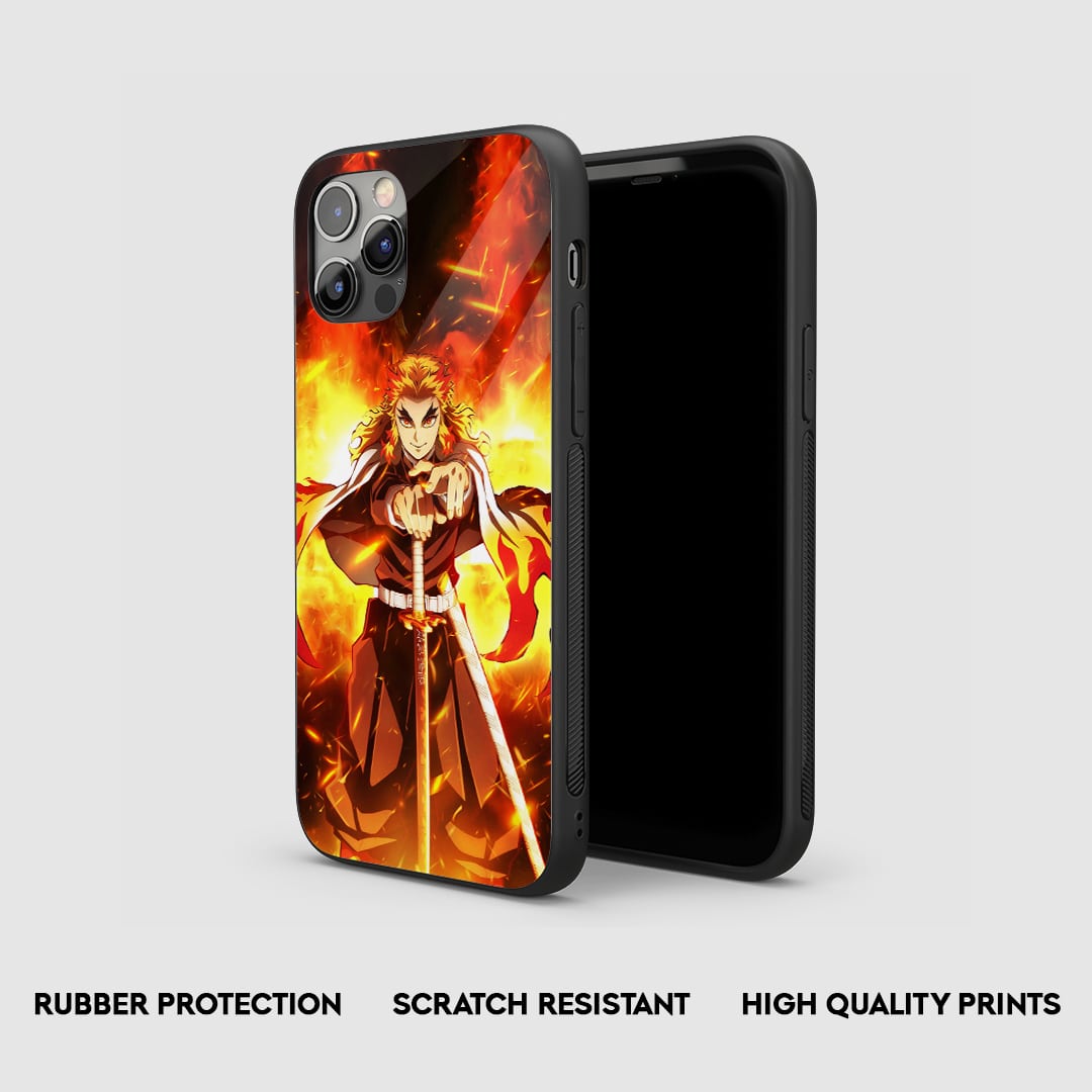 Side view of the Kyojuro Flame Armored Phone Case, highlighting its thick, protective silicone material.