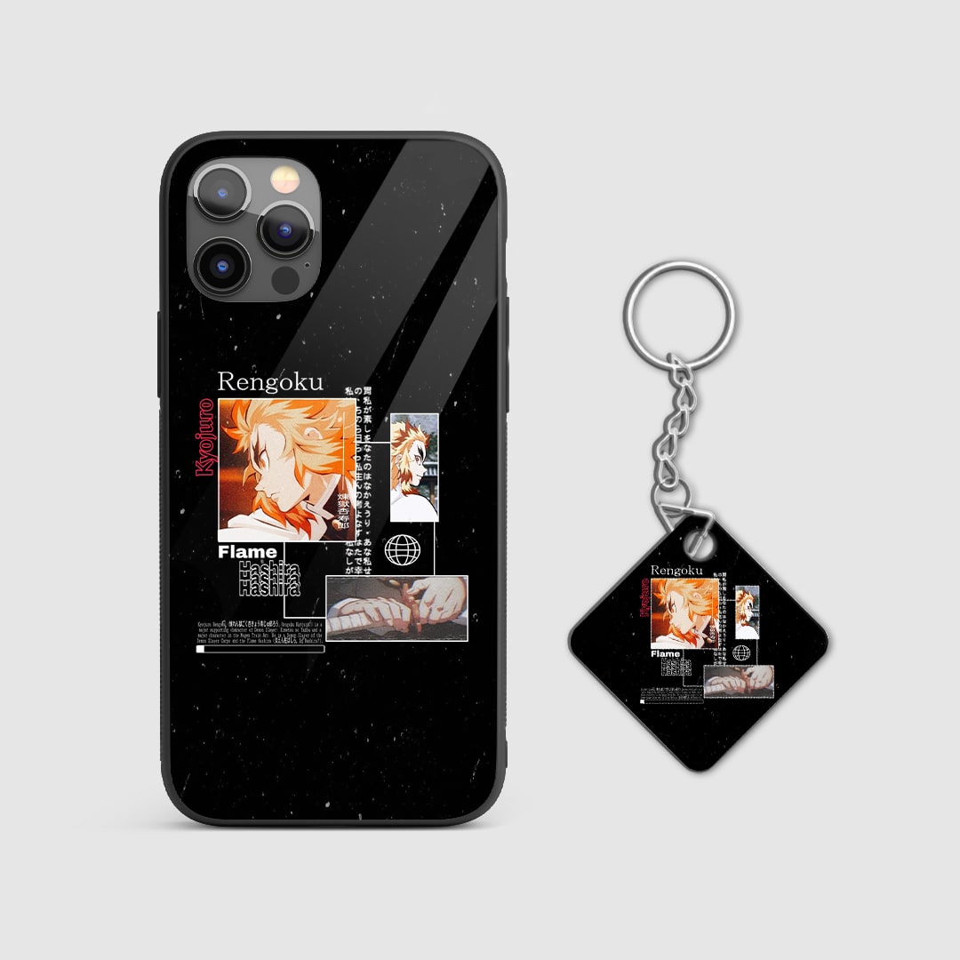Fiery design of Rengoku from Demon Slayer on a durable silicone phone case with Keychain.
