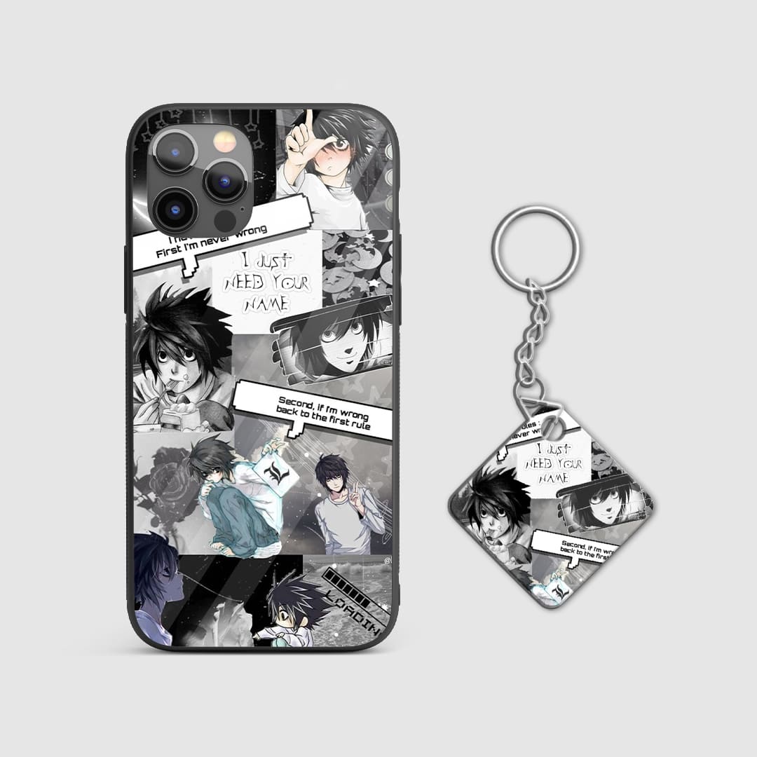 Detailed black-and-white illustrations of L from Death Note on a durable silicone phone case with Keychain.