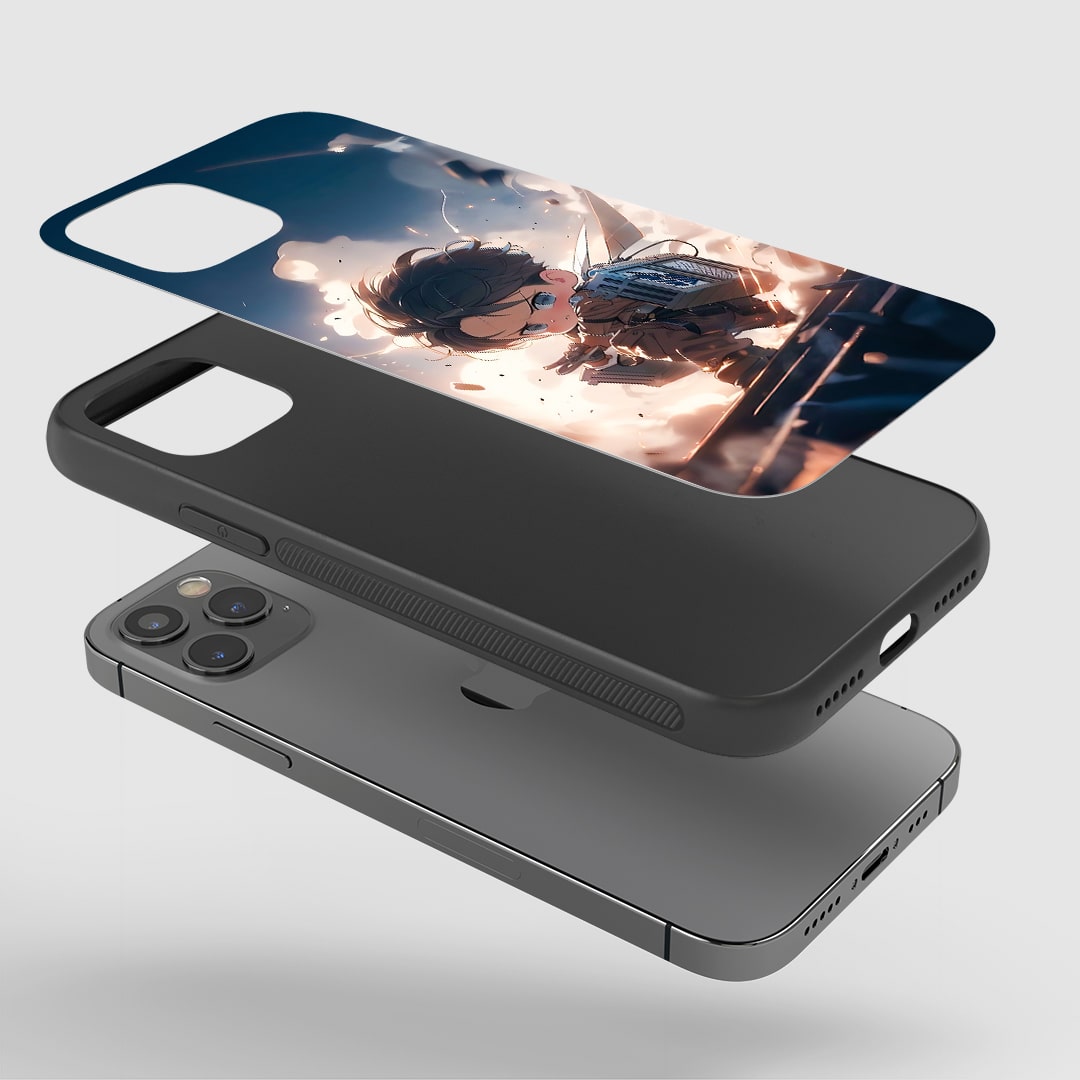 Angled view highlighting Levi chibi art on durable phone case.