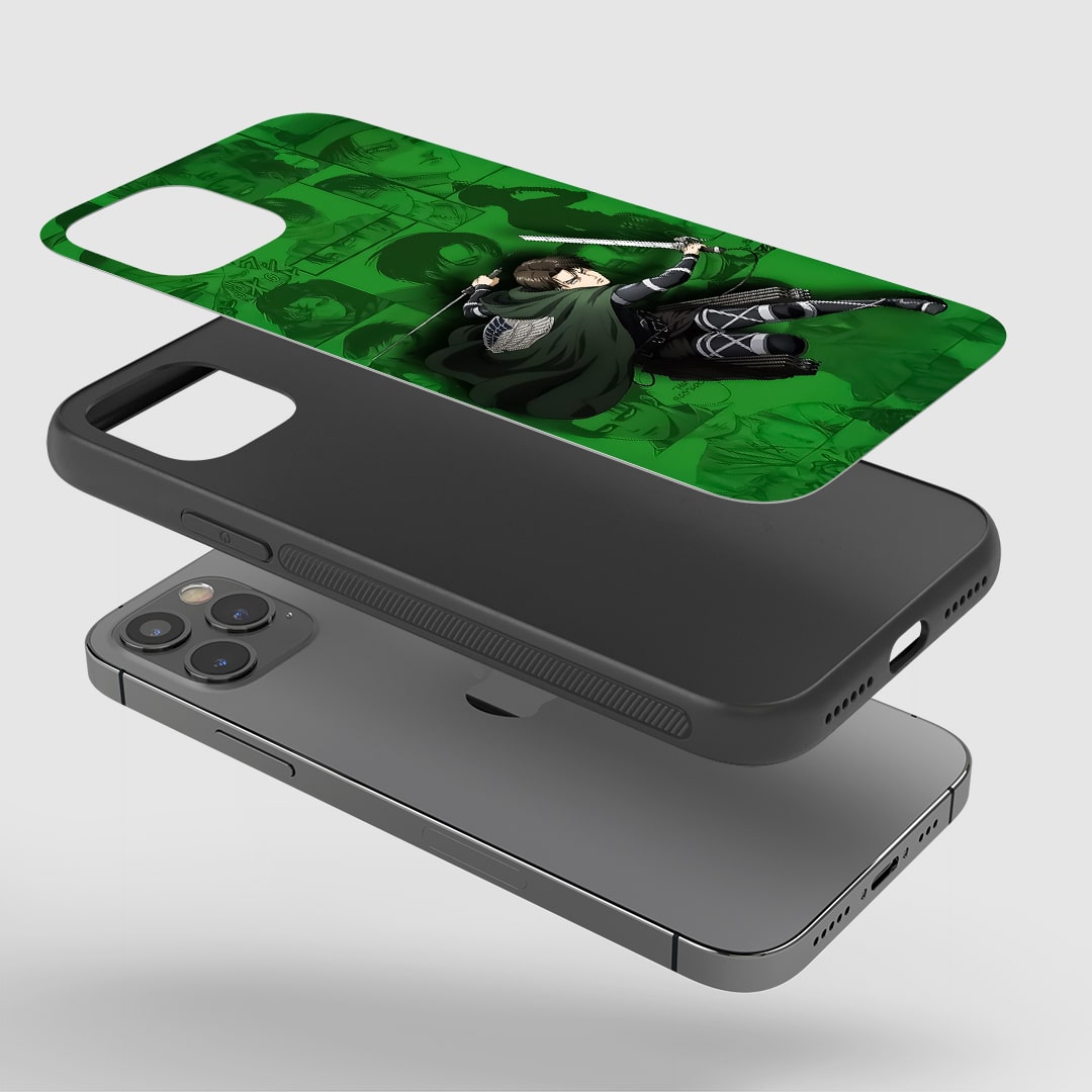 Angled view highlighting bold green Levi phone case.