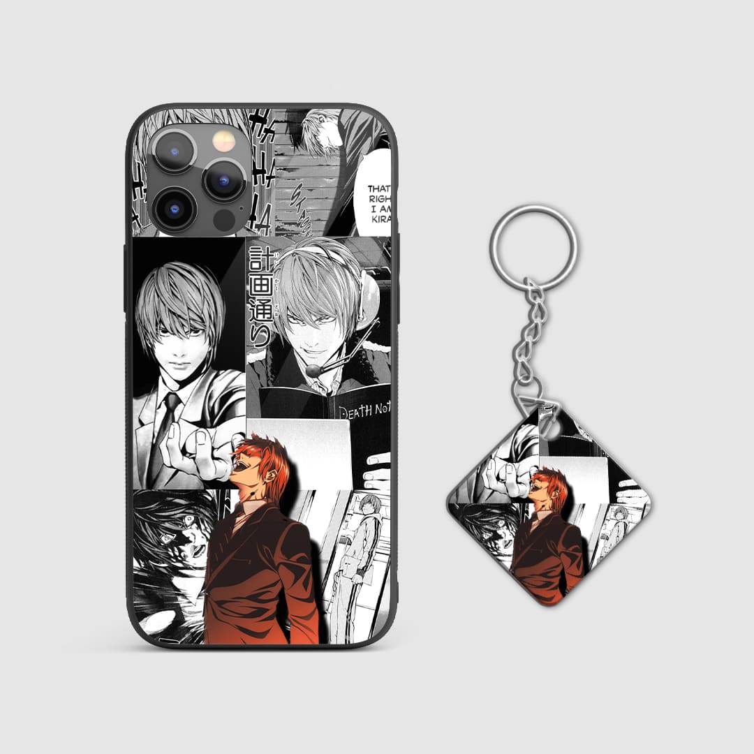 Detailed black-and-white illustrations of Light Yagami on a durable silicone phone case with Keychain.