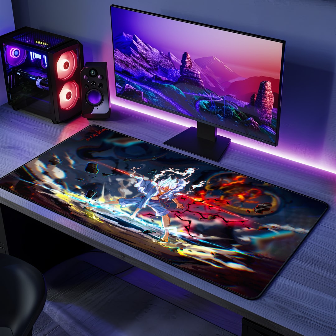 Luffy Gear 5 Power Desk Mat with bold anime artwork.