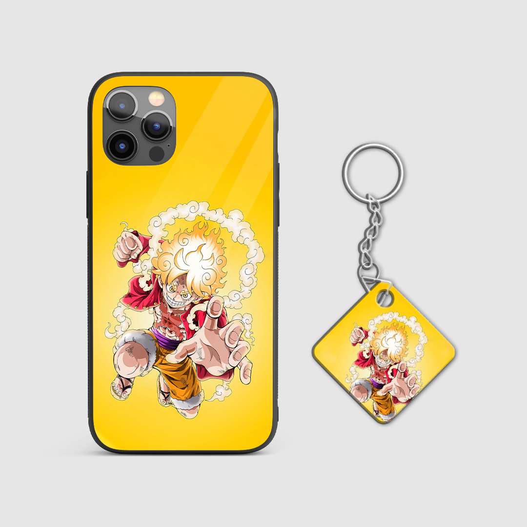 Close-up of the cheerful Luffy artwork on the bright yellow silicone armored phone case with Keychain.