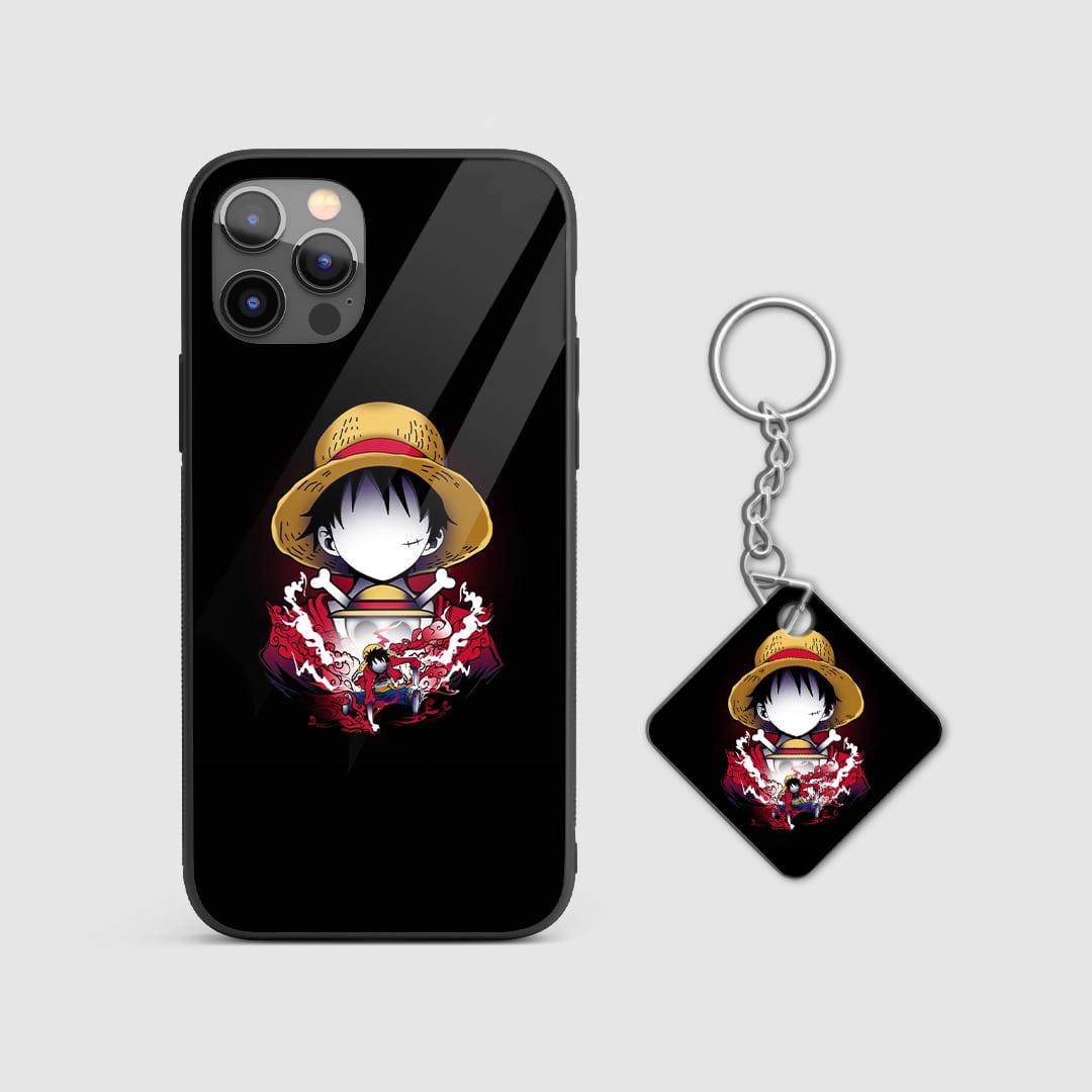 Close-up of Luffy's expressive and colorful portrayal on the armored phone case with Keychain.