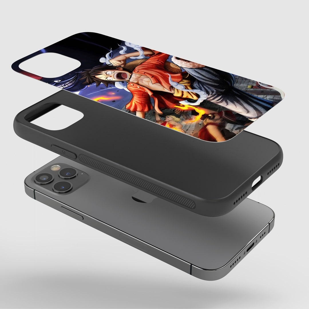Luffy Gomu Phone Case installed on a smartphone, displaying accessibility to all ports and controls.