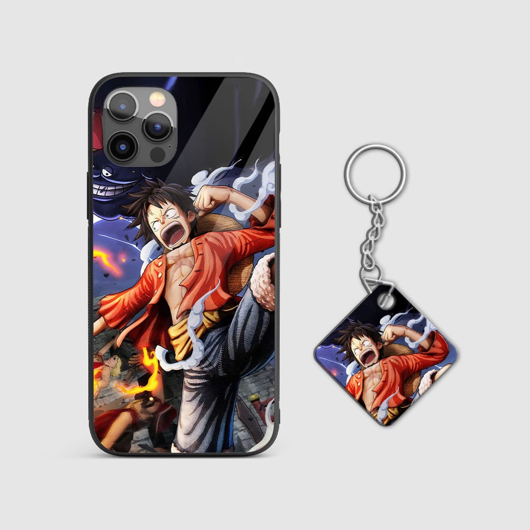 Detailed view of the phone case showcasing Luffy's Gomu Gomu inspired design with Keychain.