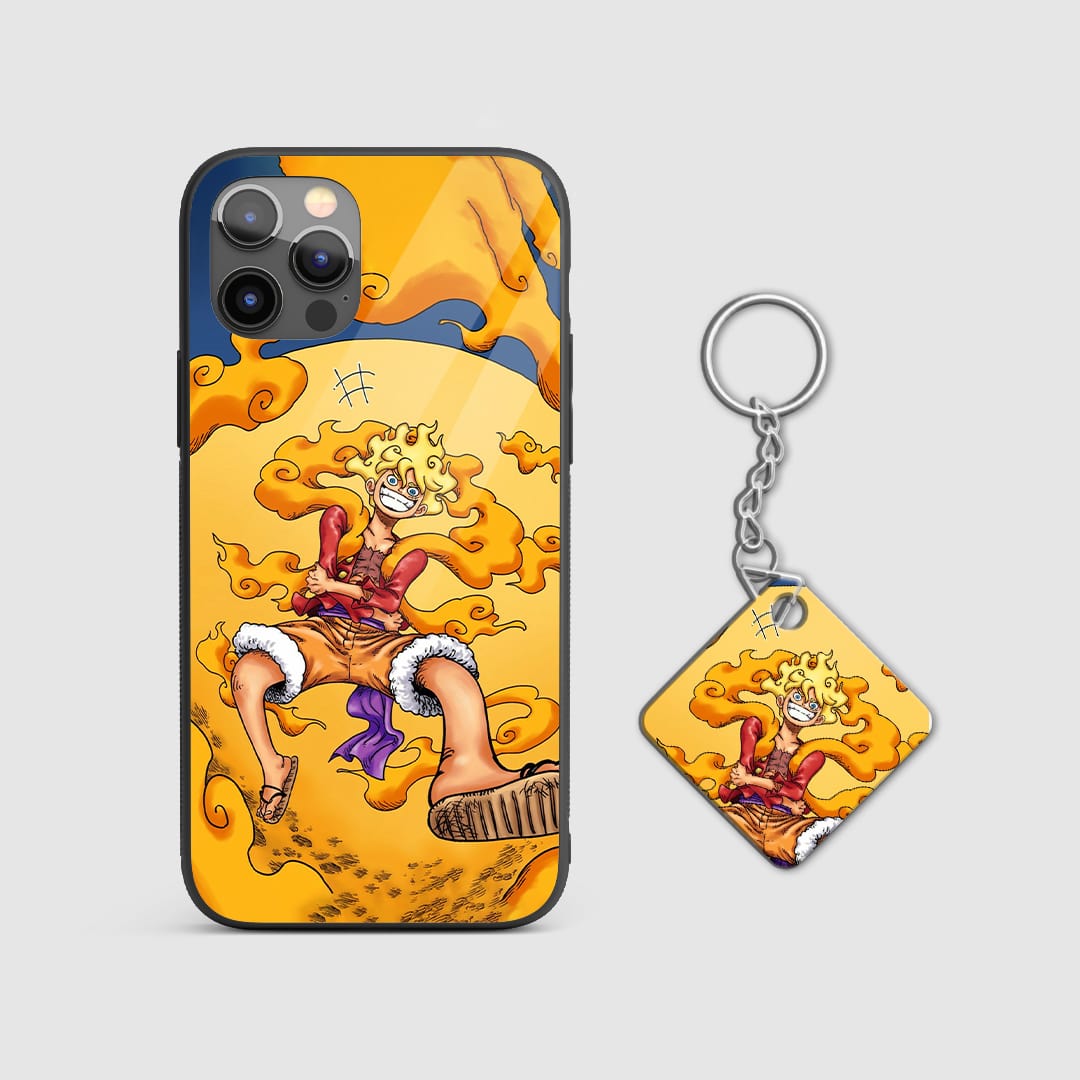 Close-up of the colorful and bold Luffy artwork on the silicone armored phone case with Keychain.