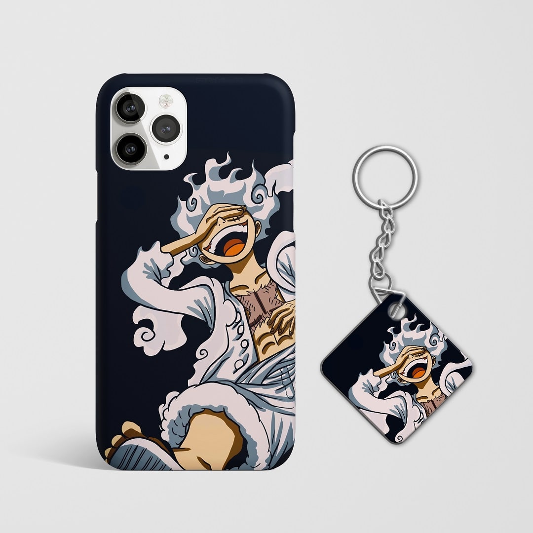 Close-up of Luffy Nika Sun God Phone Cover, highlighting the intricate details of the Sun God graphic with Keychain.