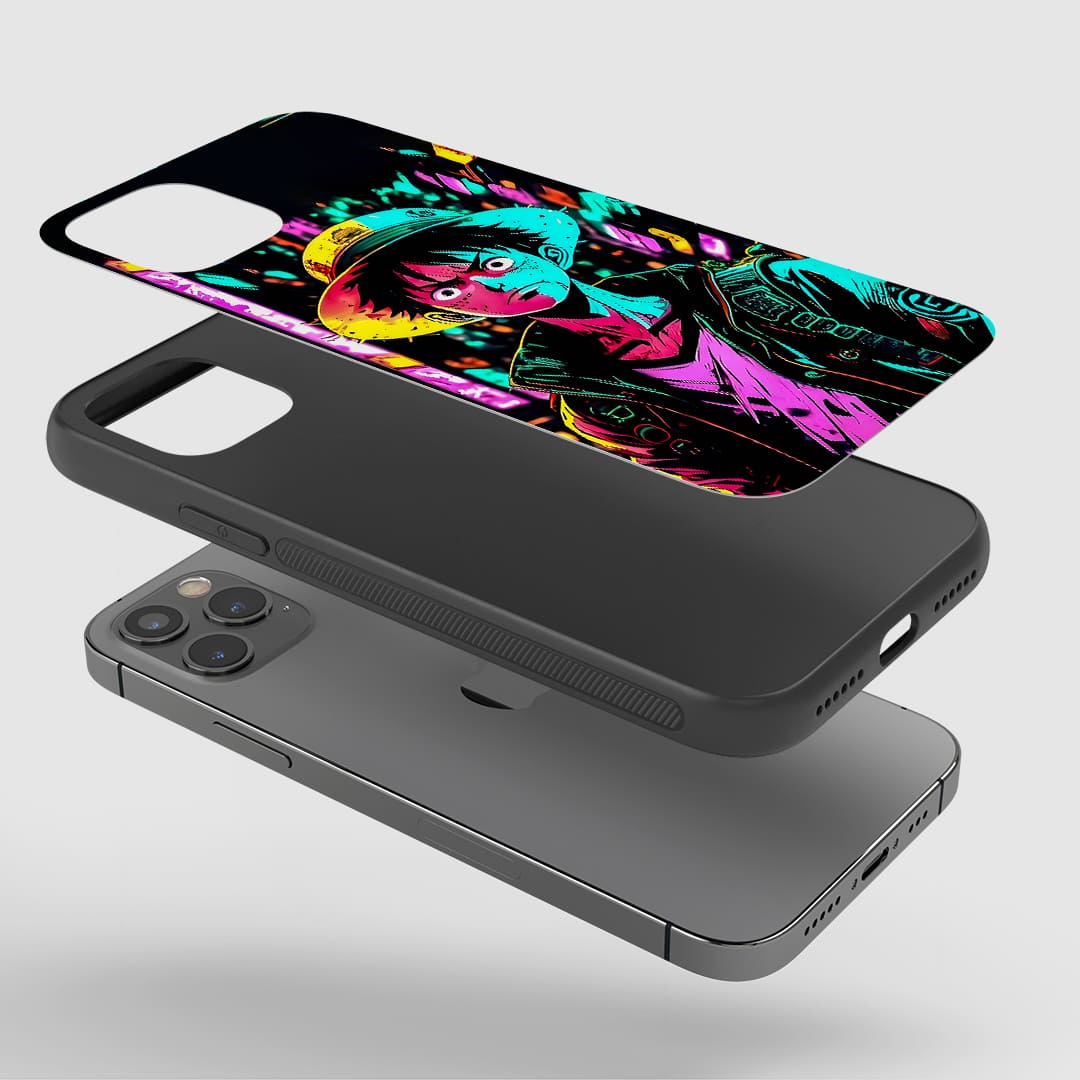 Angled view of Luffy Portray Silicone Armored Phone Cover featuring One Piece art.