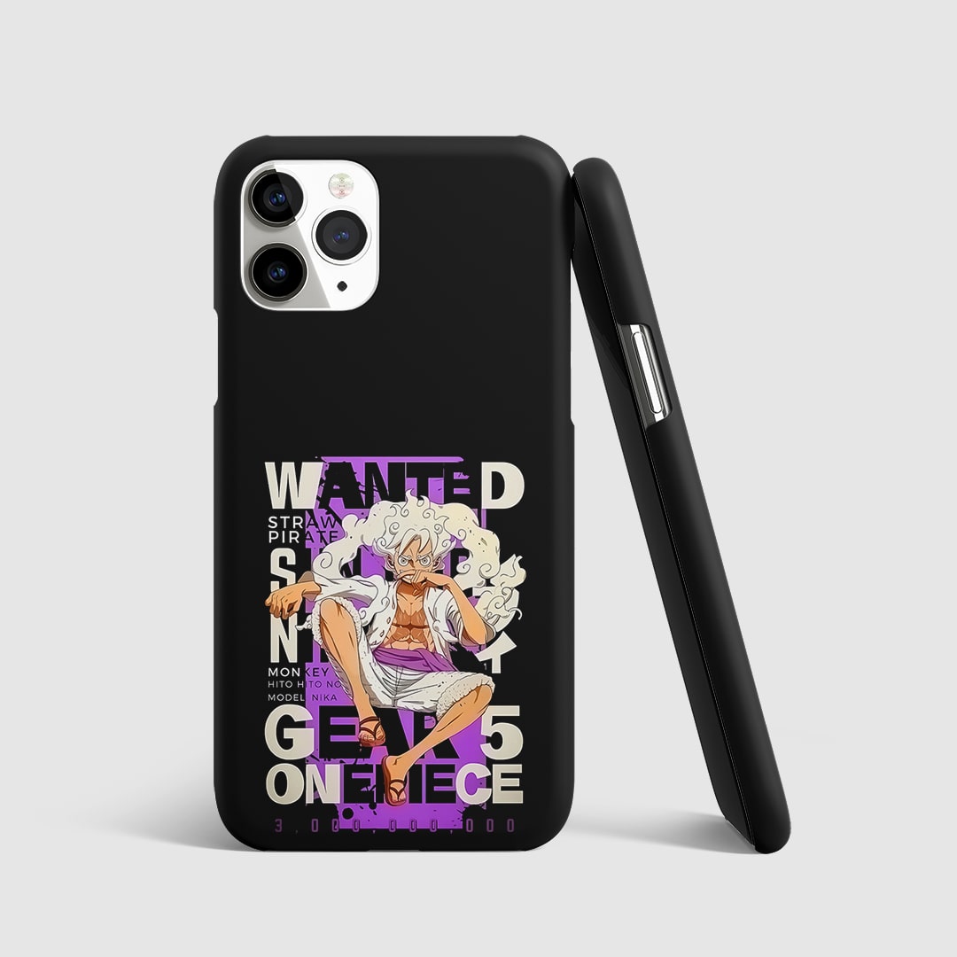 Luffy Gear 5 Wanted Phone Cover front view with poster-style design.