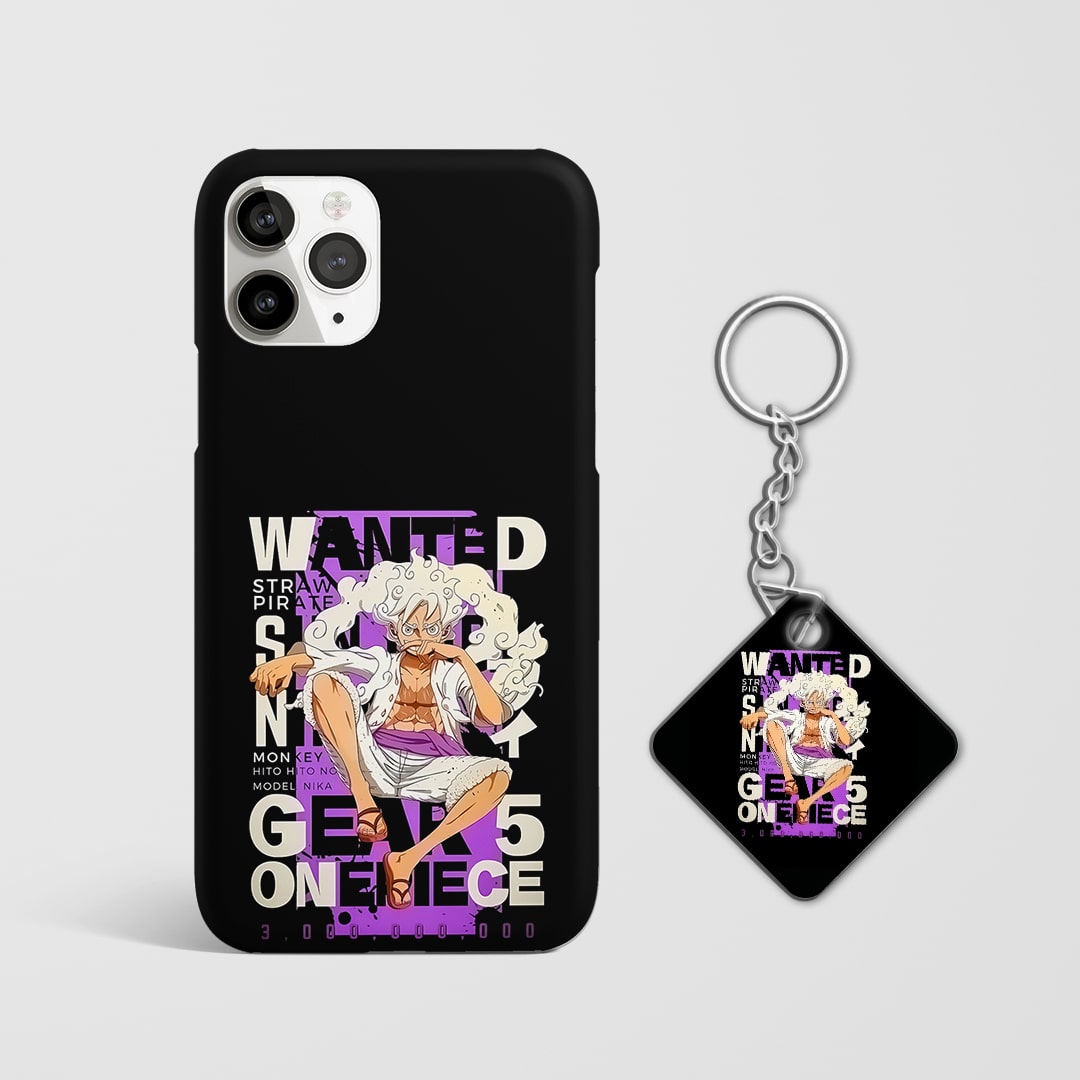 Back view of Luffy Gear 5 Wanted Phone Cover featuring bold Luffy artwork with Keychain.