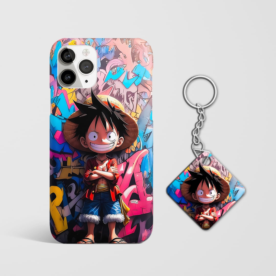 Back view of Luffy Graffiti Phone Cover featuring bold Luffy artwork with Keychain.