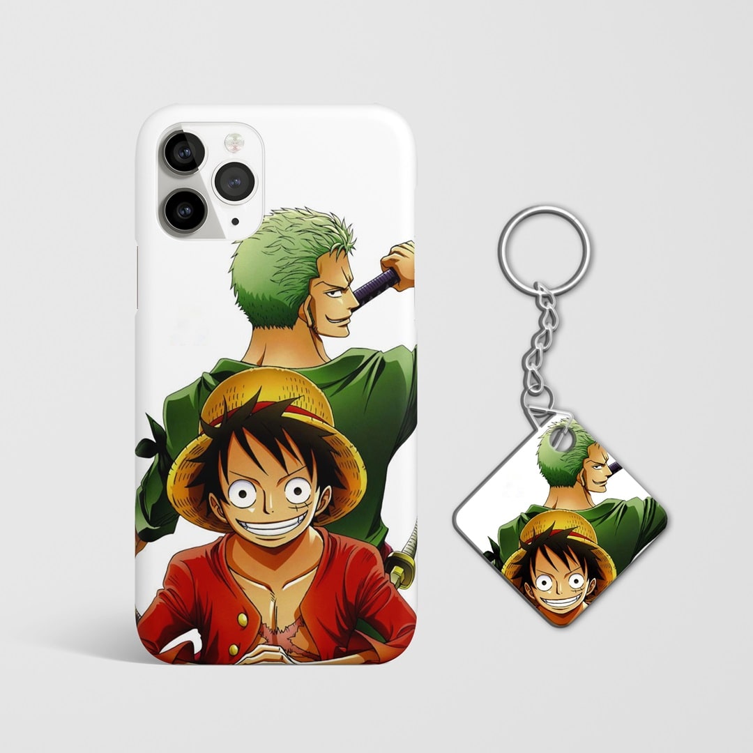 Close-up of Luffy and Zoro Phone Cover, highlighting the detailed 3D matte finish with Keychain.