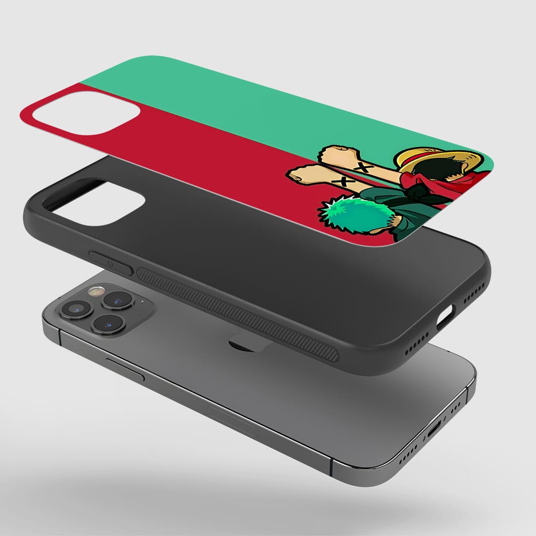 Angled view of Luffy and Zoro Silicone Armored Phone Cover showing iconic duo design.