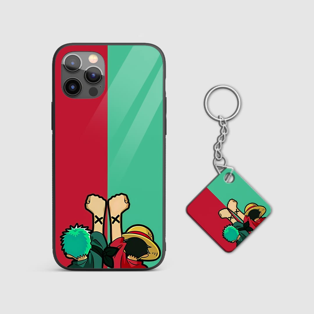 Back view of Luffy and Zoro Silicone Armored Phone Cover with bold anime artwork ith Keychain.