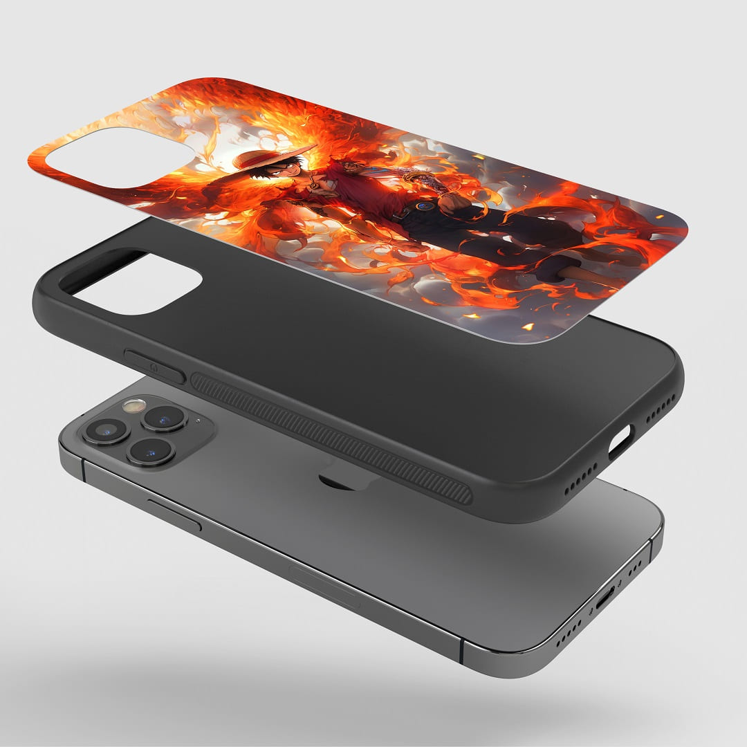 Luffy x Ace Phone Case on a smartphone, showing clear access to all ports and buttons.