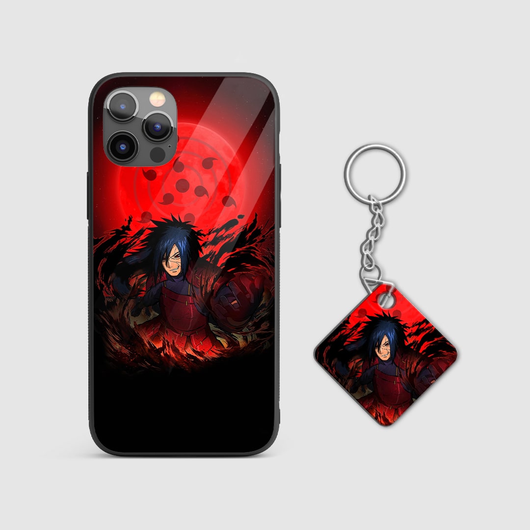 Close-up view of Madara's powerful gaze on the silicone armored phone case with Keychain.