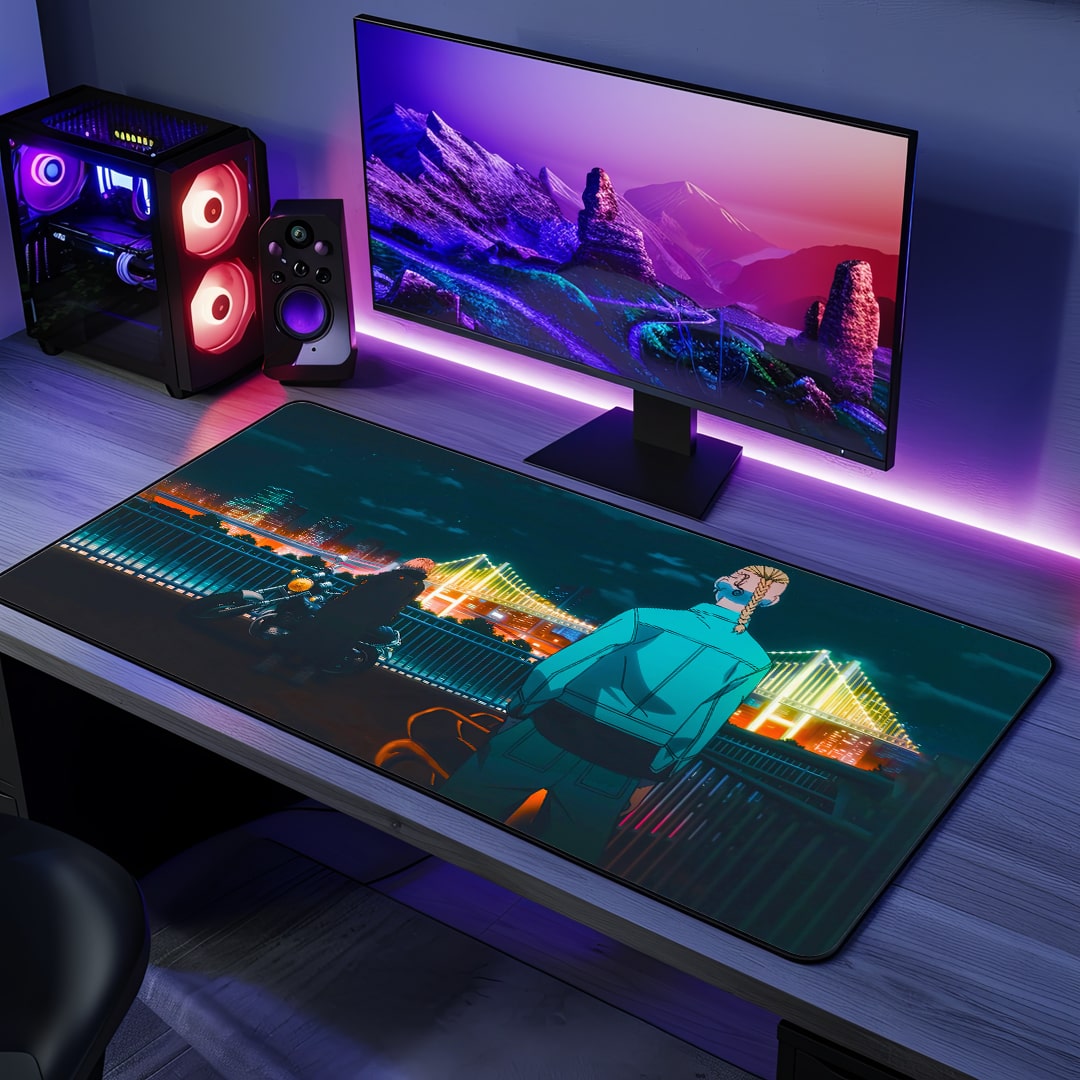 Mikey Tokyo cityscape anime desk mat top view