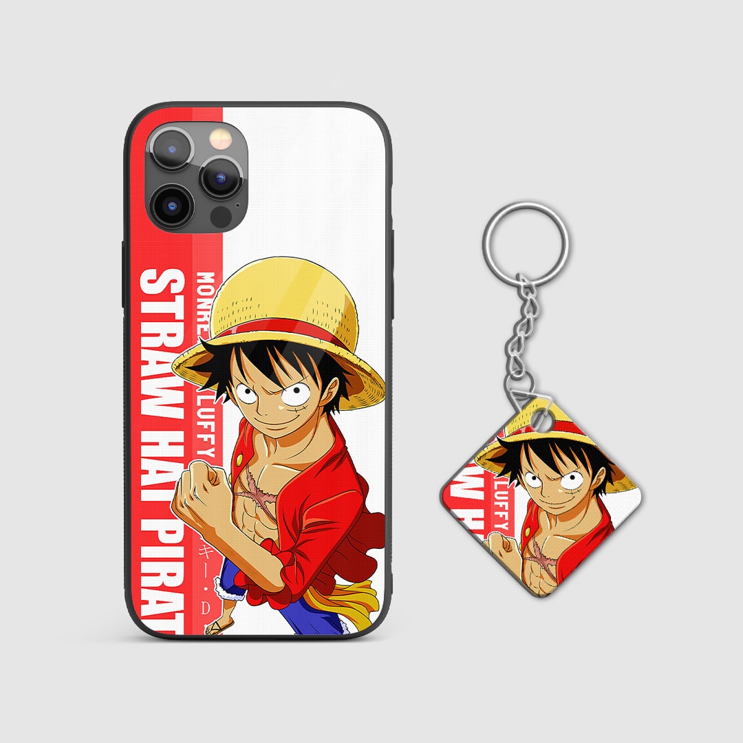 Close-up of Monkey D. Luffy’s graphic on the silicone armored phone case, highlighting detailed artwork with Keychain.