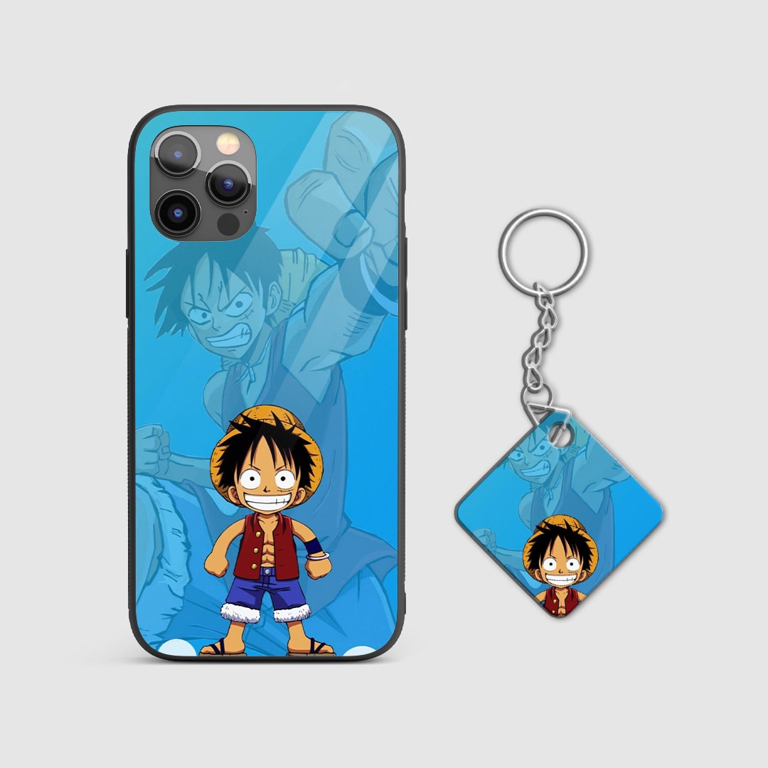 Close-up of young Monkey D. Luffy’s cheerful expression on the silicone armored phone case with Keychain.