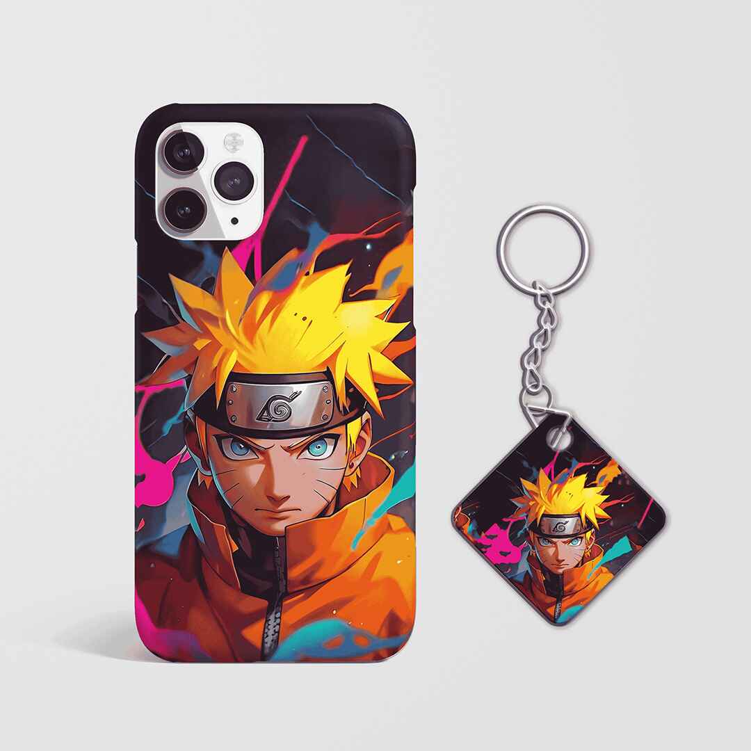 Back view of Naruto Artwork Phone Cover featuring Naruto Uzumaki with Keychain.