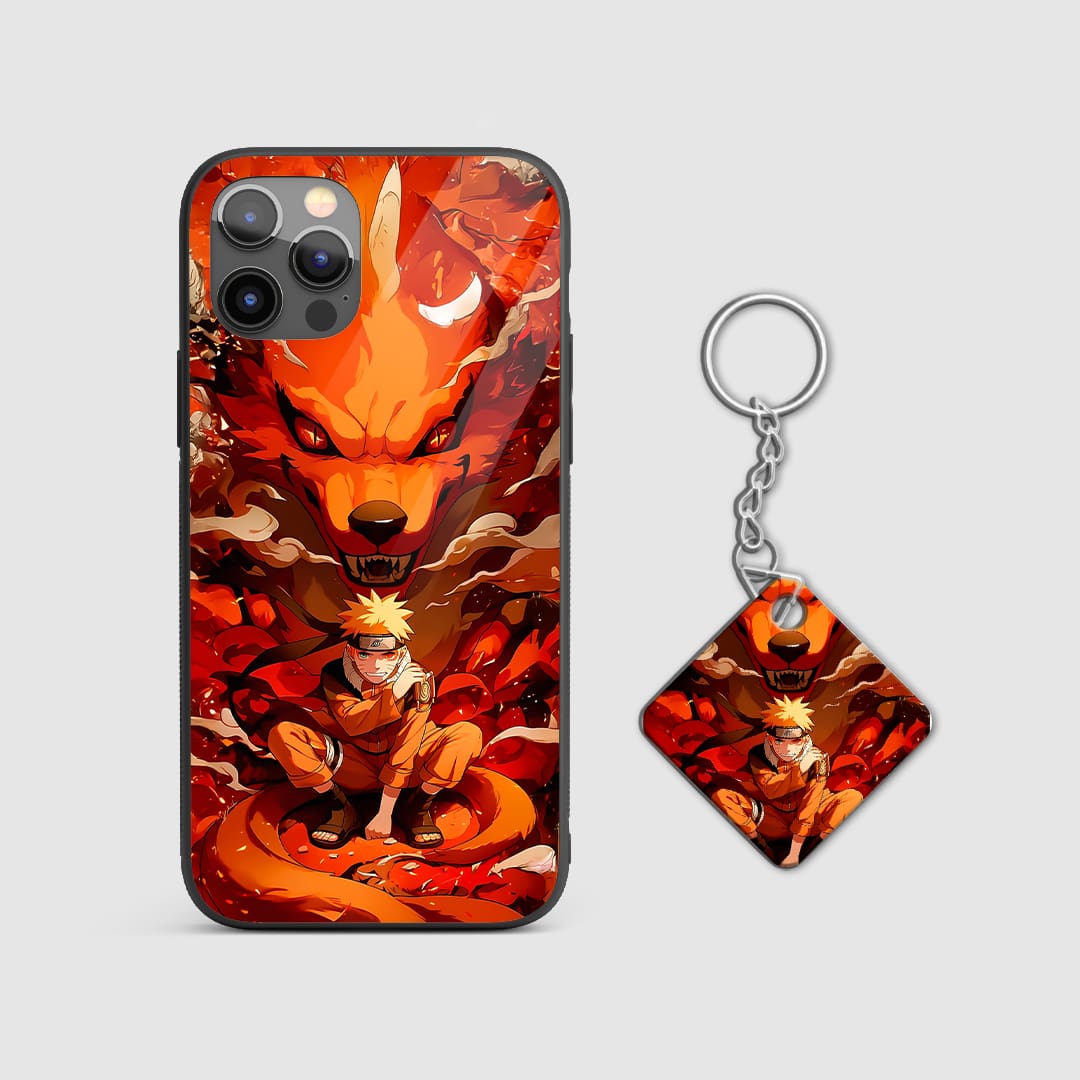 Back view of Naruto Kurama Silicone Armored Phone Case showing Naruto and Kurama with Keychain.