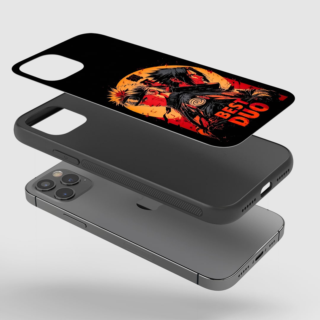 Angled view of Naruto Sasuke Duo Silicone Armored Case with action pose.