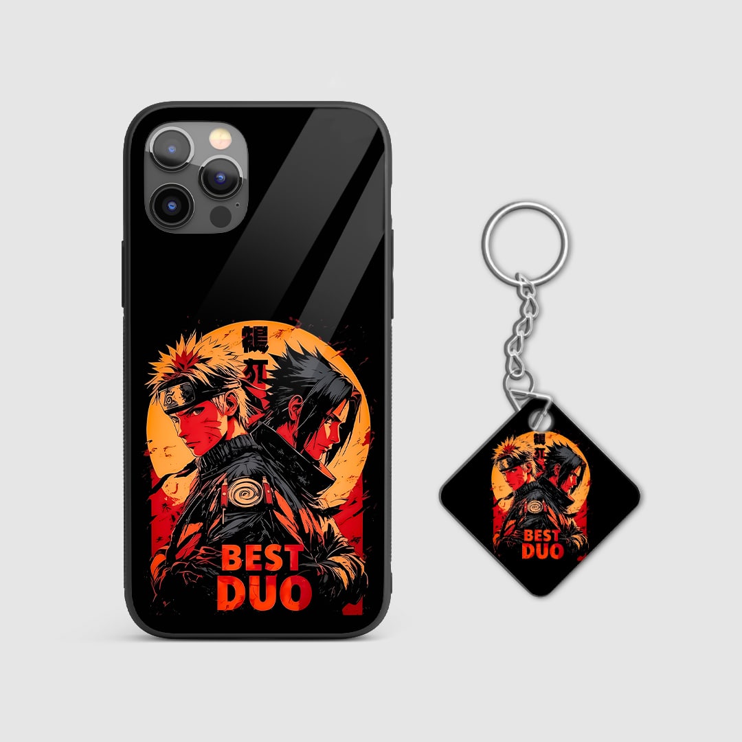 Back view of Naruto Sasuke Duo Case showing Naruto and Sasuke artwork with Keychain.