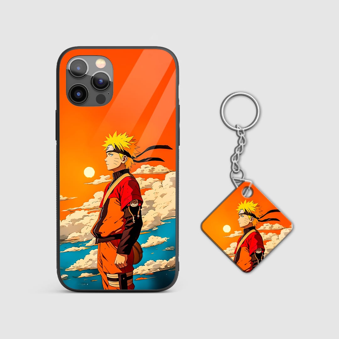 Back view of Naruto Sun Silicone Armored Phone Case featuring Naruto artwork with Keychain.
