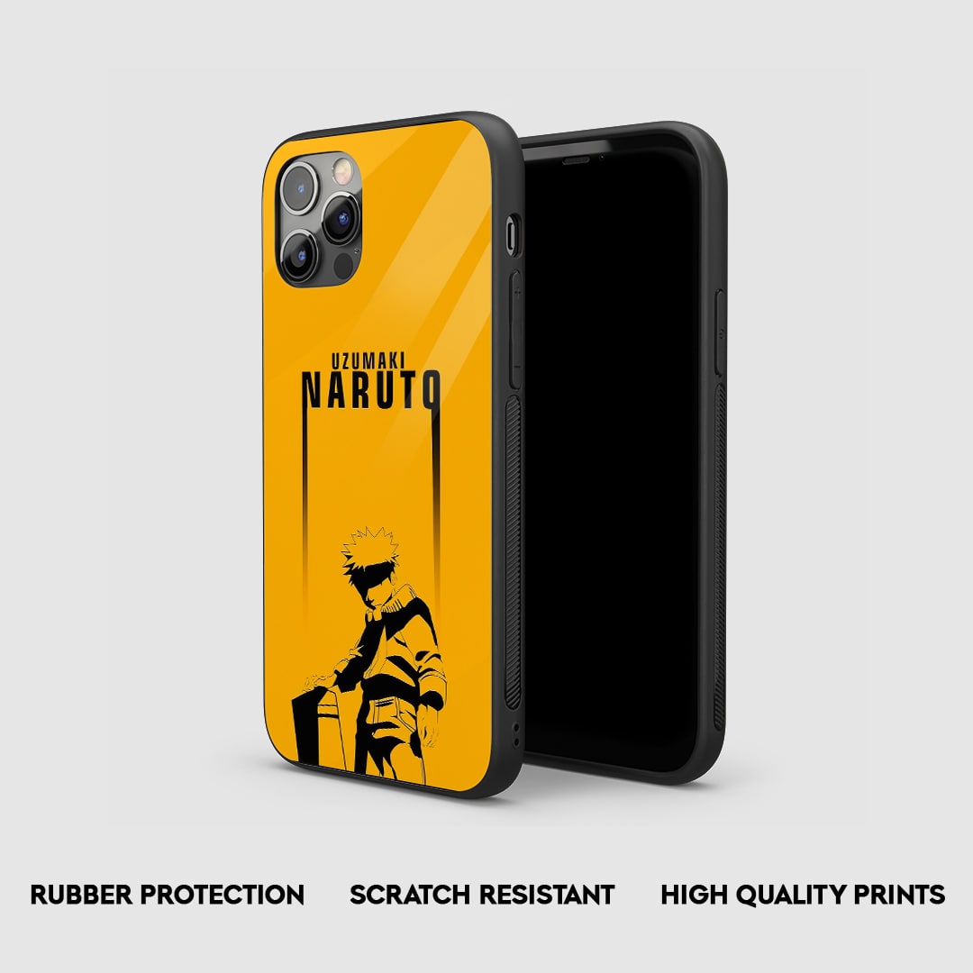 Back view of Naruto Yellow Case featuring Naruto artwork and vibrant color with Keychain.