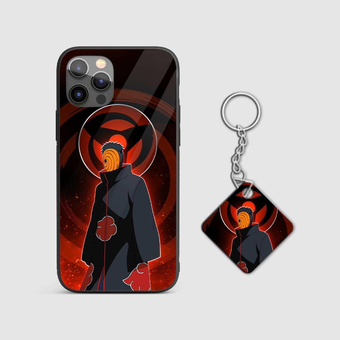 Close-up view of Obito Uchiha's intense expression on the silicone armored phone case with Keychain.