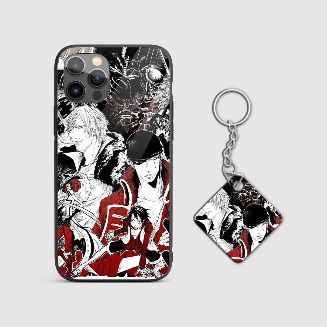 Detailed view of memorable One Piece scenes printed on the silicone armored phone case with Keychain.