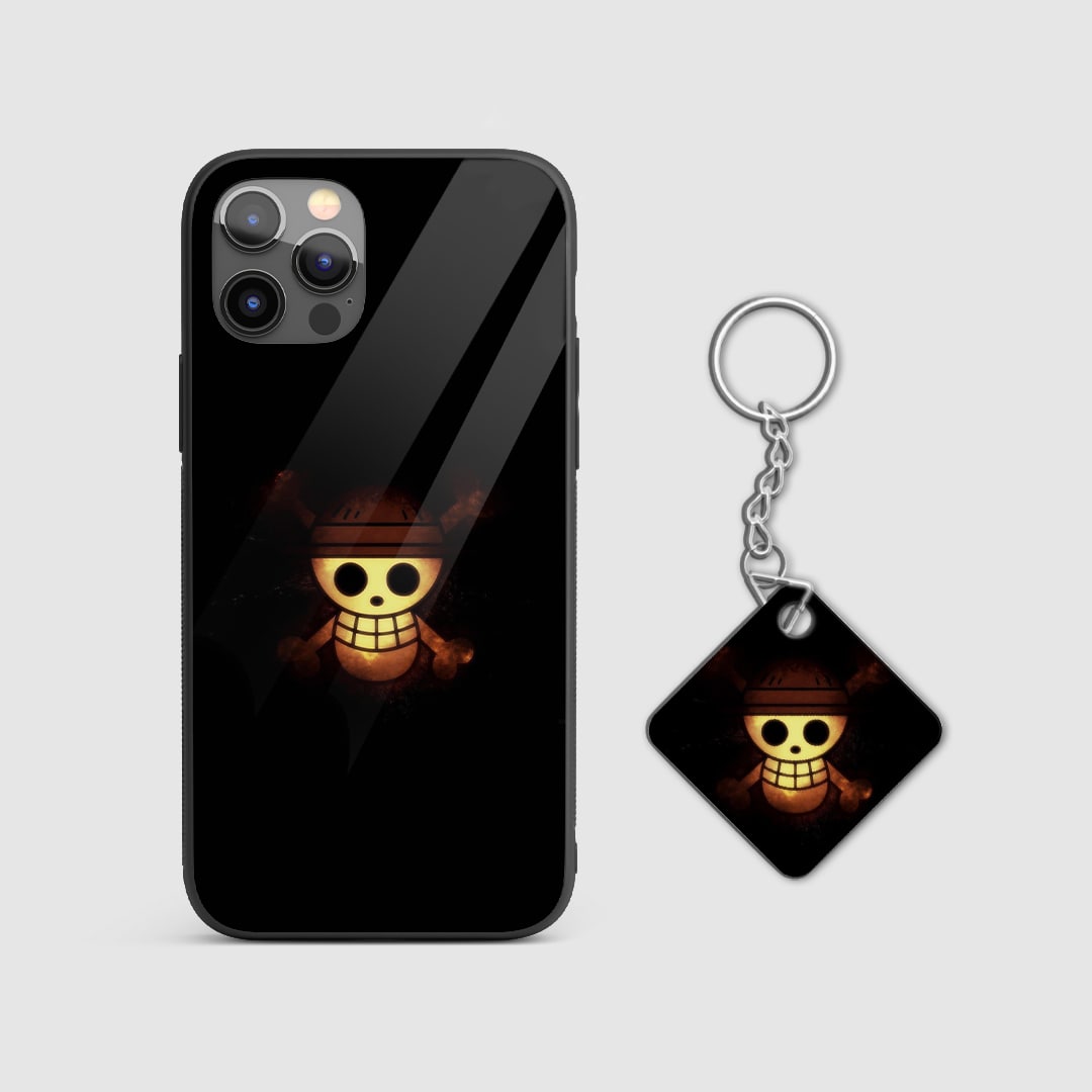 Close-up of the iconic Jolly Roger skull on the durable silicone armored phone case with Keychain.