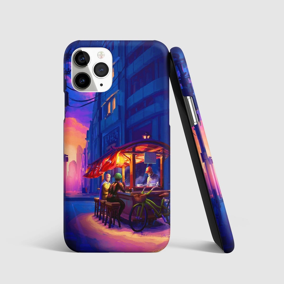 Street art-style artwork of Saitama and key characters from "One Punch Man" on phone cover.