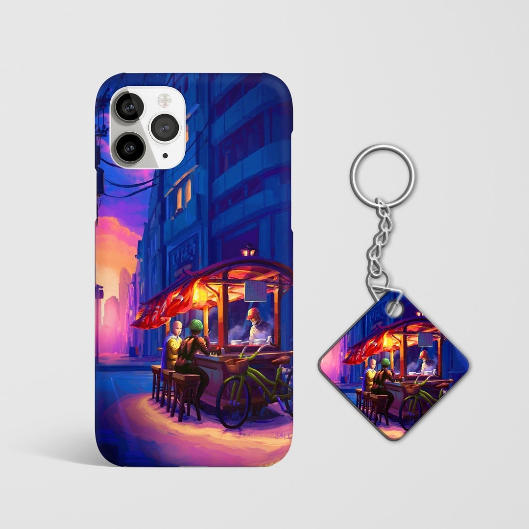 Close-up of Saitama’s intense expression on street phone case with Keychain.