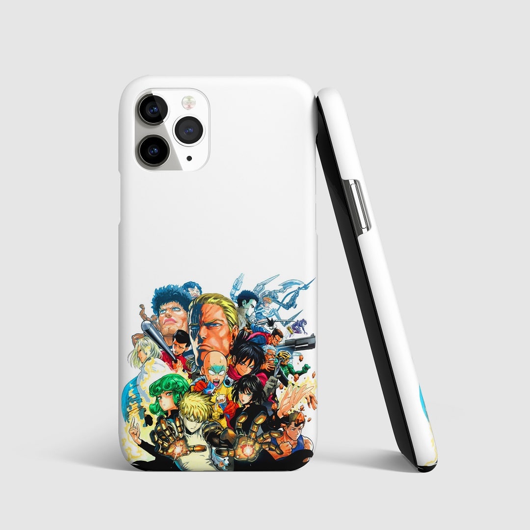 Close-up of Saitama’s intense expression on white phone case.