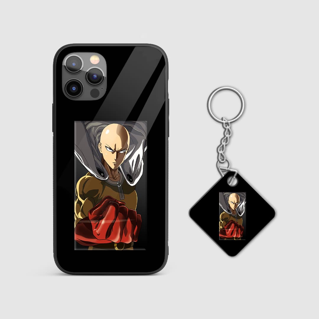 Powerful design of Saitama from One Punch Man on a durable silicone phone case with Keychain.